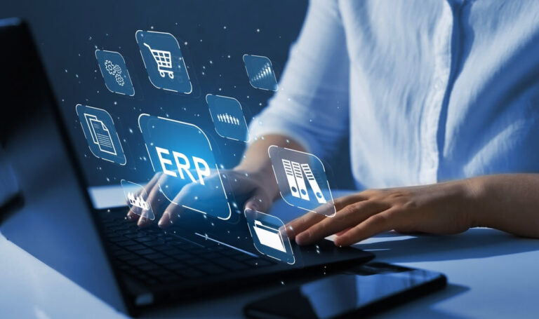 Businesswoman,Working,At,Laptop,Computer,With,Icons,On,Digital,Virtual