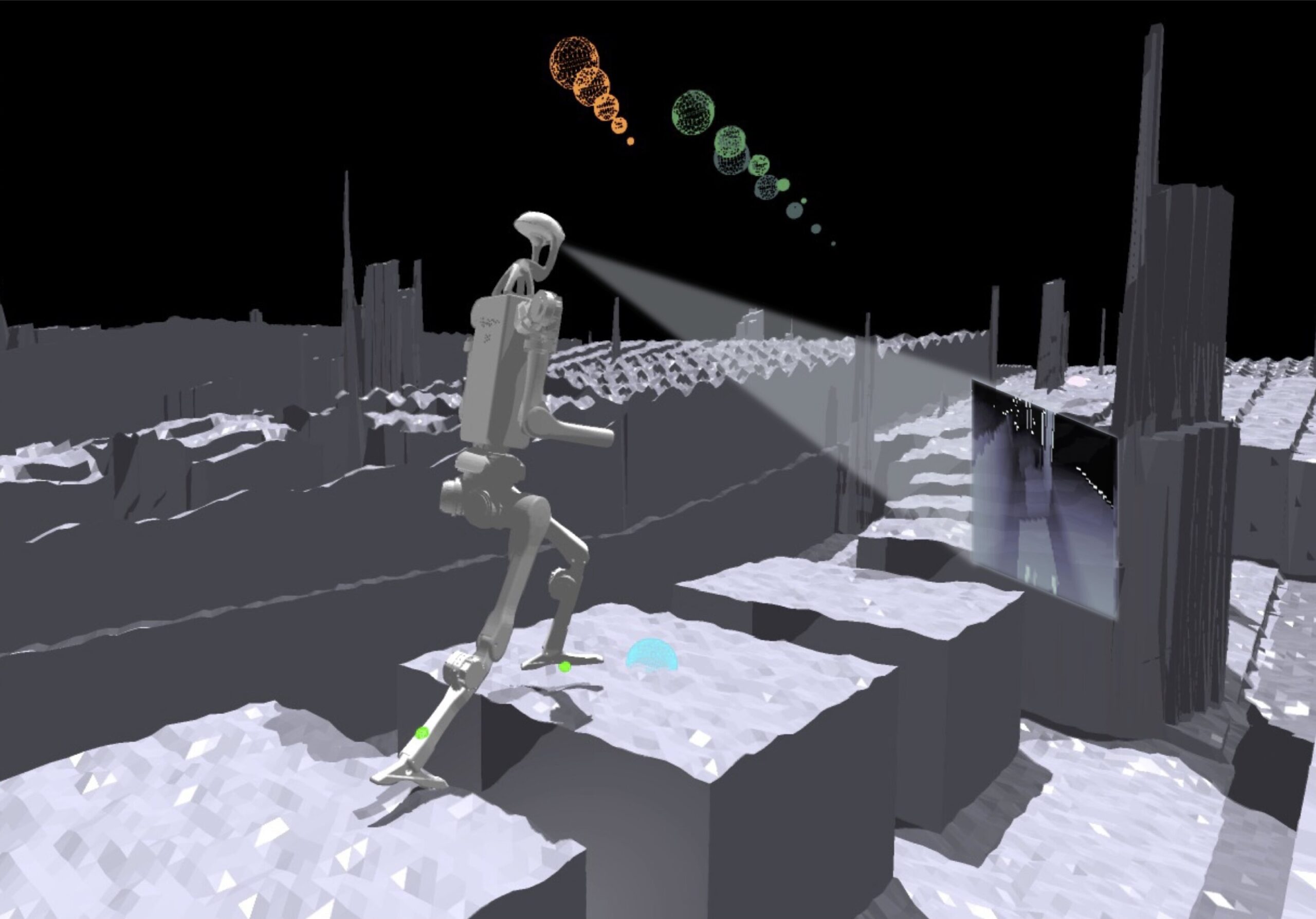 Les robots humanoïdes simulés apprennent à faire une randonnée de terrain accidenté de manière autonome