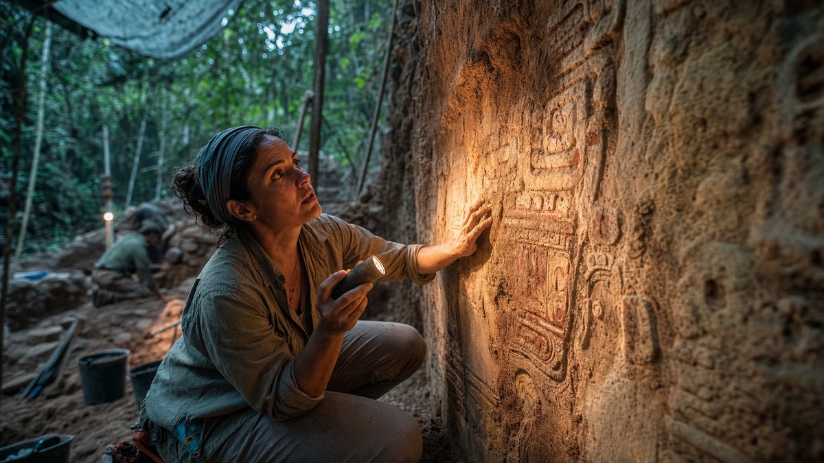 Une archéologue examine des inscriptions mayas anciennes sur un mur au Guatemala