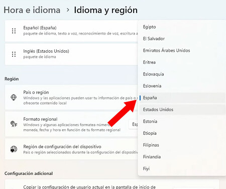 Sélecteur de pays dans les paramètres de langue de Windows